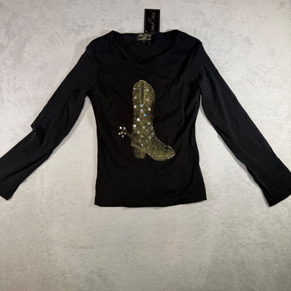 Fox Fire Black Long Sleeve Cowboy Boot Rhinestone Mesh‎ Top Western Large NEW